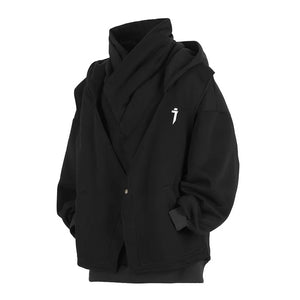 High Collar Embroidered Hoodie in black — dark techwear streetwear, view 5 of 6