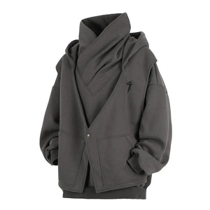 High Collar Embroidered Hoodie in black — dark techwear streetwear, view 6 of 6