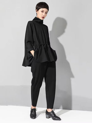 High Collar Long Sleeve Black T-shirt