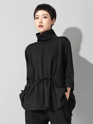 High Collar Long Sleeve Black T-shirt