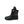 Black high top boot alone on white, three-quarter view of the glossy upper, laces and side zip
