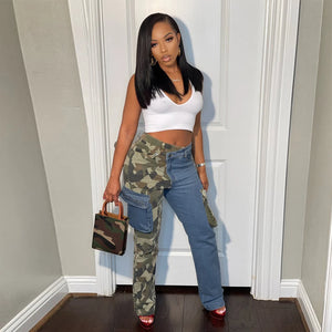 High Waist Denim Camo Cargo Pants