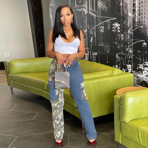 High Waist Denim Camo Cargo Pants