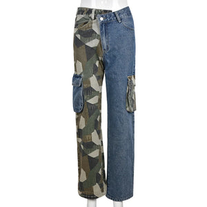 High Waist Denim Camo Cargo Pants