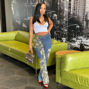 High Waist Denim Camo Cargo Pants