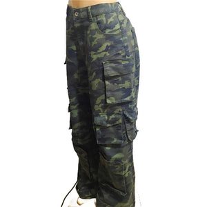 High Waisted Button Camo Cargo Pants