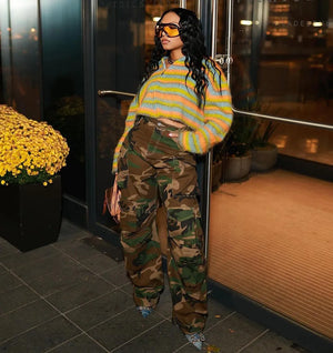 High Waisted Button Camo Cargo Pants