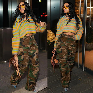 High Waisted Button Camo Cargo Pants