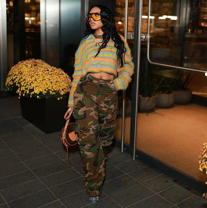 High Waisted Button Camo Cargo Pants