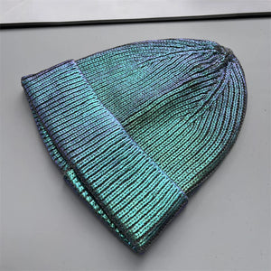 2025 Autumn Winter Metal Colour Coating Holographic Knitted Hat Men Women Harajuku Hip Hop Warm Skull Cap Beanie