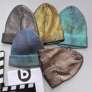 2025 Autumn Winter Metal Colour Coating Holographic Knitted Hat Men Women Harajuku Hip Hop Warm Skull Cap Beanie