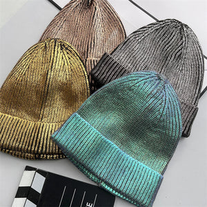 2025 Autumn Winter Metal Colour Coating Holographic Knitted Hat Men Women Harajuku Hip Hop Warm Skull Cap Beanie
