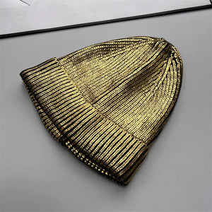 2025 Autumn Winter Metal Colour Coating Holographic Knitted Hat Men Women Harajuku Hip Hop Warm Skull Cap Beanie