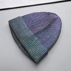 2025 Autumn Winter Metal Colour Coating Holographic Knitted Hat Men Women Harajuku Hip Hop Warm Skull Cap Beanie