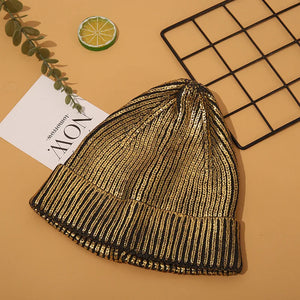 2025 Autumn Winter Metal Colour Coating Holographic Knitted Hat Men Women Harajuku Hip Hop - A Golden
