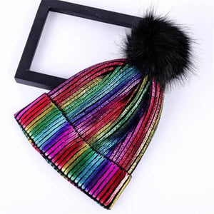 2025 Autumn Winter Metal Colour Coating Holographic Knitted Hat Men Women Harajuku Hip Hop - B Rainbow color