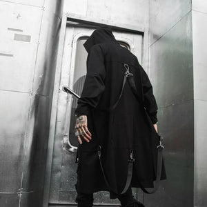 Black hooded cloak techwear coat with ribbon patchwork