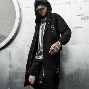 Black hooded cloak techwear coat with ribbon patchwork