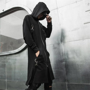 Black hooded cloak techwear coat with ribbon patchwork