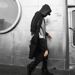 Black hooded cloak techwear coat with ribbon patchwork