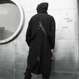 Black hooded cloak techwear coat with ribbon patchwork