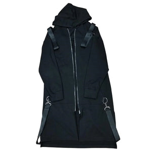 Black hooded cloak techwear coat with ribbon patchwork