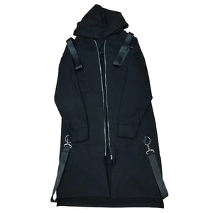 Black hooded cloak techwear coat with ribbon patchwork