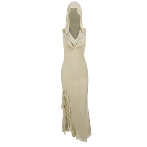 Khaki hooded cut out dress shown alone, front view of the deep neckline, fitted body and ruffled slit