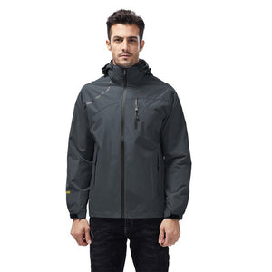 Hooded Shell Cyberpunk Jacket in grey on a man, front view, hood up and zipped with chest zip pocket