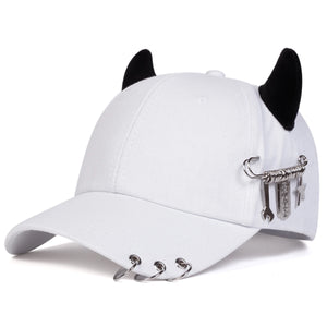 Black baseball cap with devil horns and metal rings on the brim