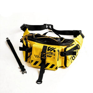 Yellow and black waist bag with multiple straps on a white background