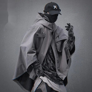 Japanese Cloak Techwear Hoodie in black — dark techwear streetwear, view 3 of 6
