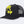 Black trucker hat with a bright yellow kanji print and black mesh back, three-quarter side view
