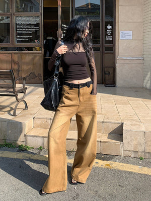 Khaki Scratched Jeans Women's Y2K