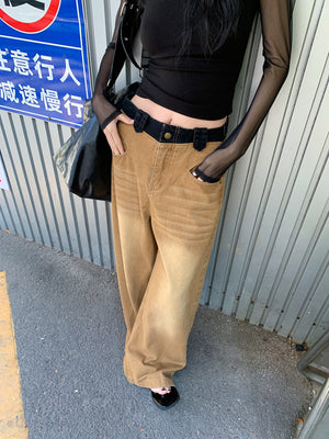Khaki Scratched Jeans Women's Y2K