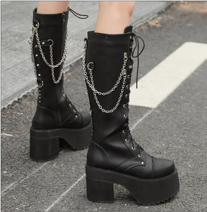 Knee High Black Lace Up Combat Boots