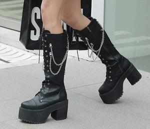 Knee High Black Lace Up Combat Boots