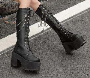 Knee High Black Lace Up Combat Boots