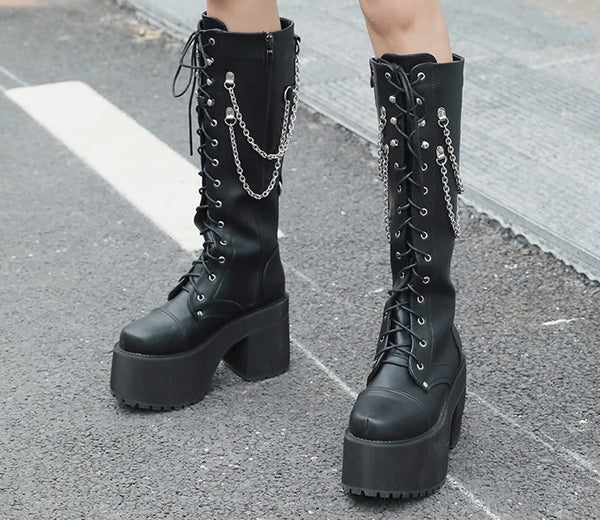 Knee High Black Lace Up Combat Boots