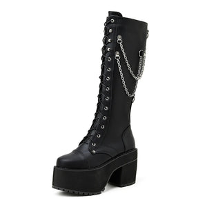 Knee High Black Lace Up Combat Boots