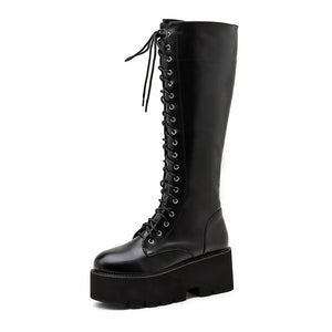 Knee High Black Lace Up Combat Boots