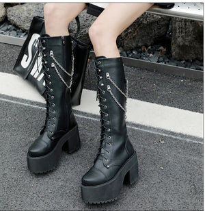 Knee High Black Lace Up Combat Boots