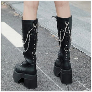 Knee High Black Lace Up Combat Boots