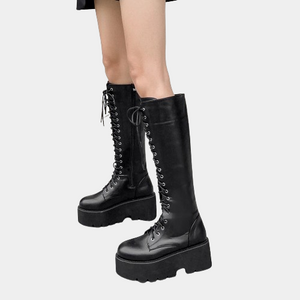 Knee High Boots Lace Up Black