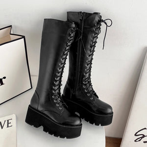 Knee High Boots Lace Up Black