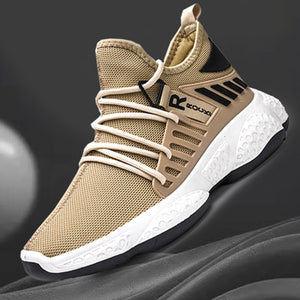 Khaki Knit Mesh Techwear Sneaker, three-quarter view of the sock collar and caged overlays