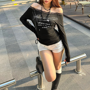 Lace Neck Drawstring Black Tops