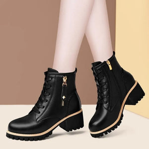 Lace Up Black PU Leather Boots Womens