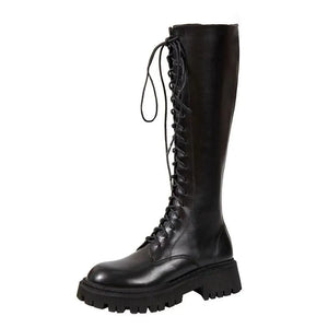 Lace Up Boots Knee High Black