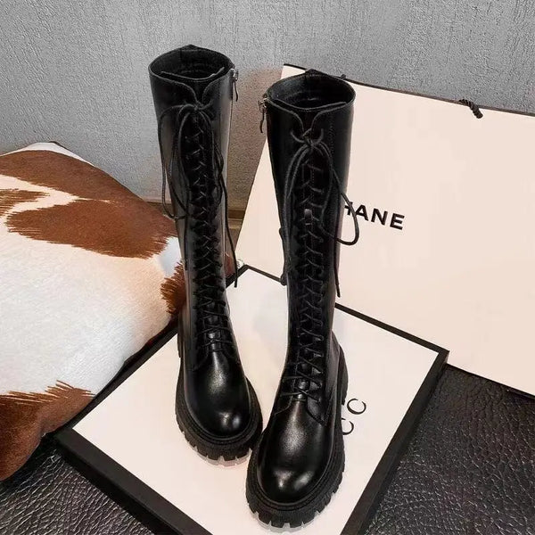 Lace Up Boots Knee High Black